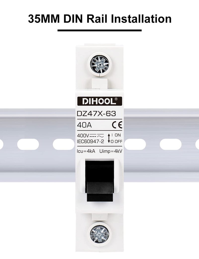 DIHOOL AC/DC Miniature Circuit Breakers, 2 Pack, Single Pole 40 Amp, 12V 24V 48V 400V, Non Polarized, Solar Disconnect Switch, DIN Rail Mount, RV Battery Isolator, PV Array MCB, Thermal Magnetic Trip - Image 5